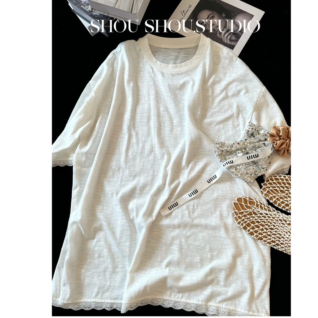 【瘦瘦】大码夏季圆领花朵蕾丝边拼接宽松显瘦百搭短袖S01798