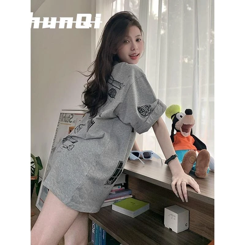淳启灰色大版短袖t恤女新款夏遮屁股宽松中长款下衣失踪超火上衣
