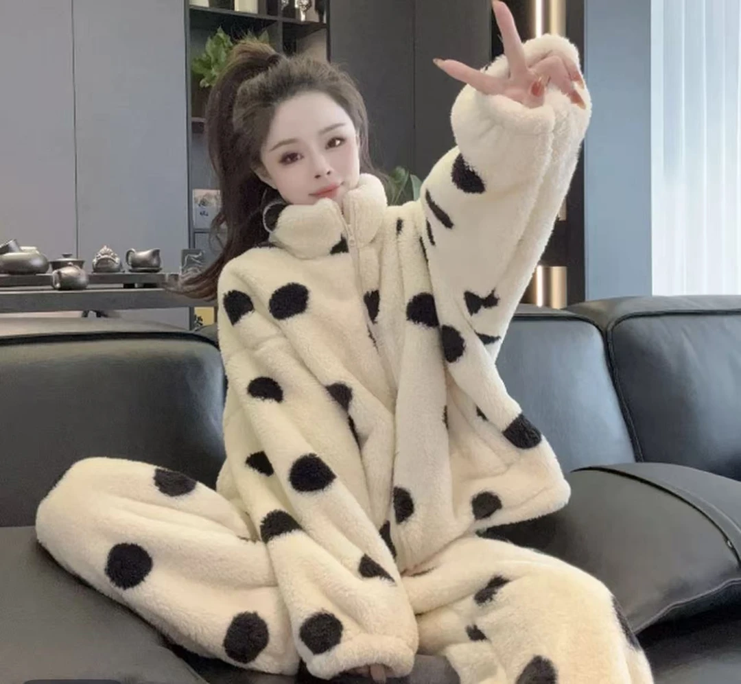 波点加绒睡衣女士大码长袖韩版可爱家居服加厚保暖珊瑚绒套装