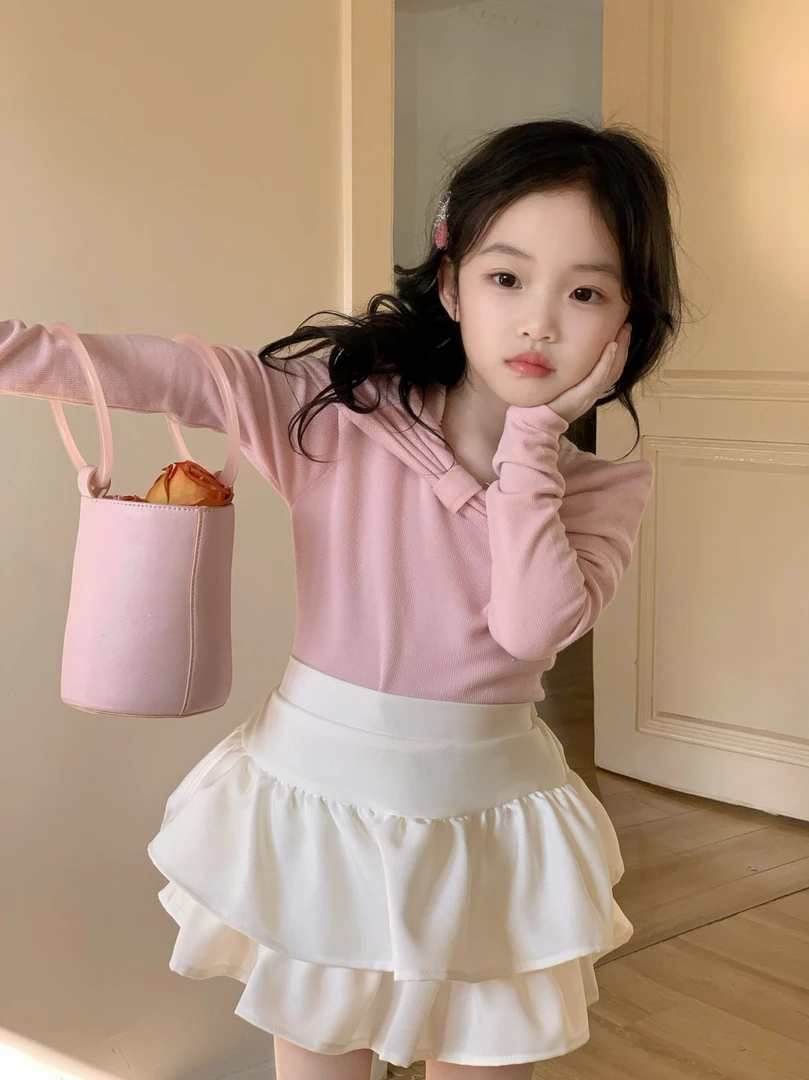 Bmy2025sp 春款新款女童韩版设计感蝴蝶结型上衣纯色百褶裙套装