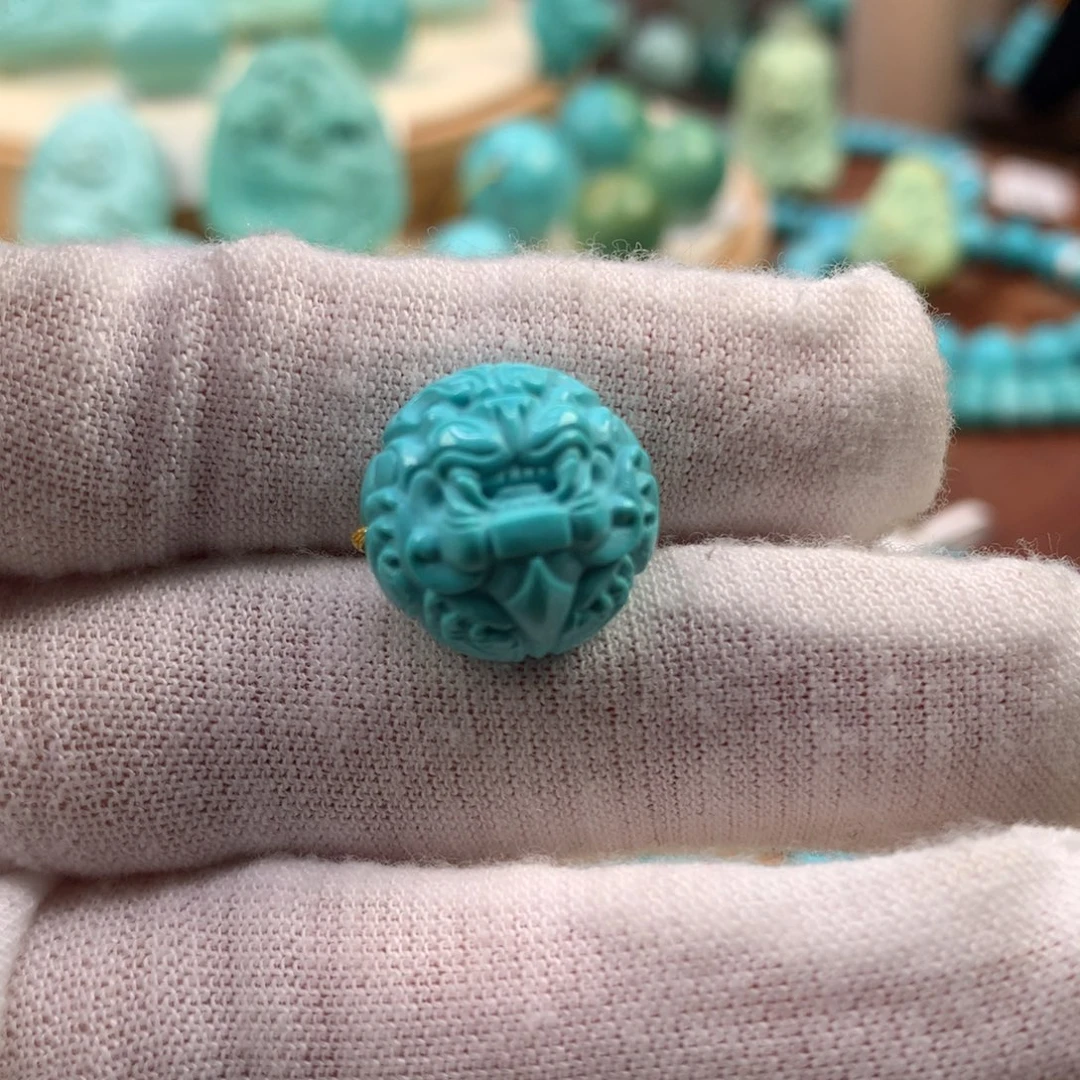 绿松石未镶嵌珠宝奇石瑞兽圆珠14.9mm