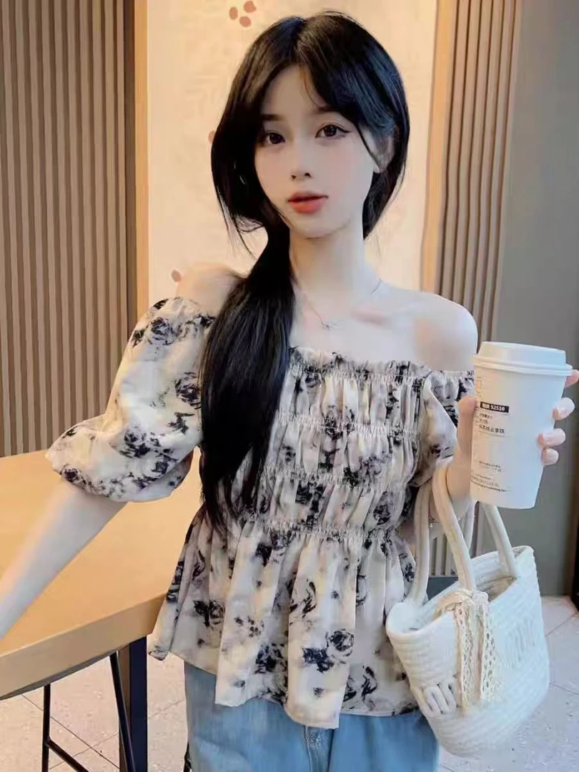 【夏季新款合集】法式方领设计小个子一字肩上衣碎花短袖小衫女