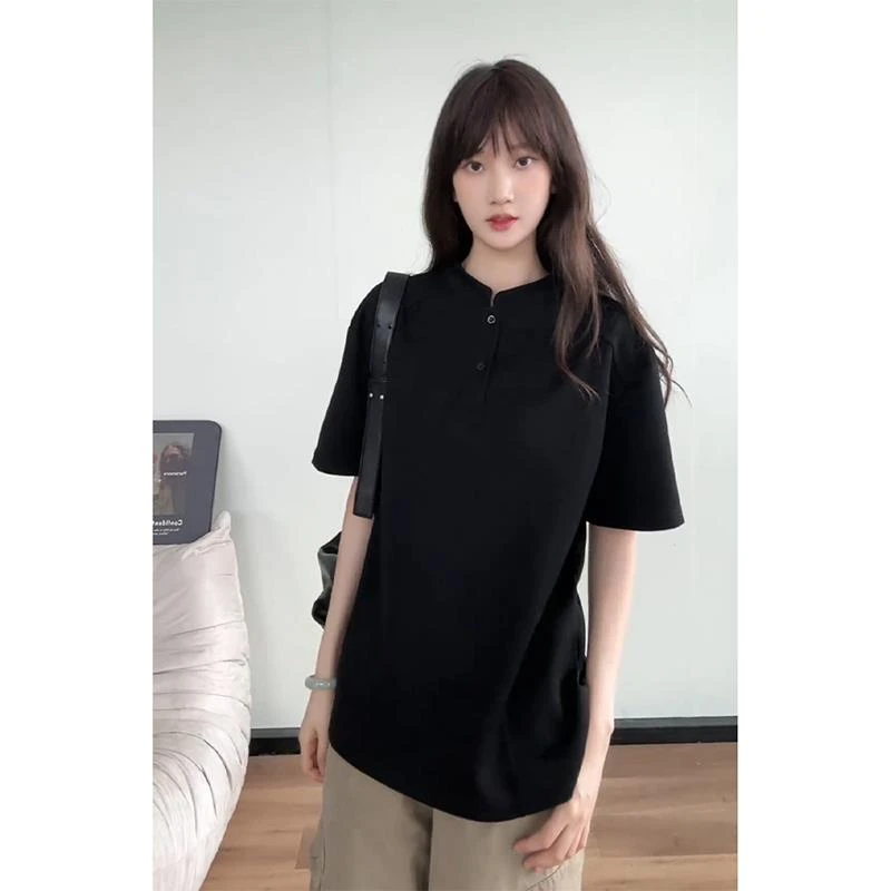 美式复古亨利领正肩短袖男夏季解构boxy版型t恤高级感POLO衫半袖