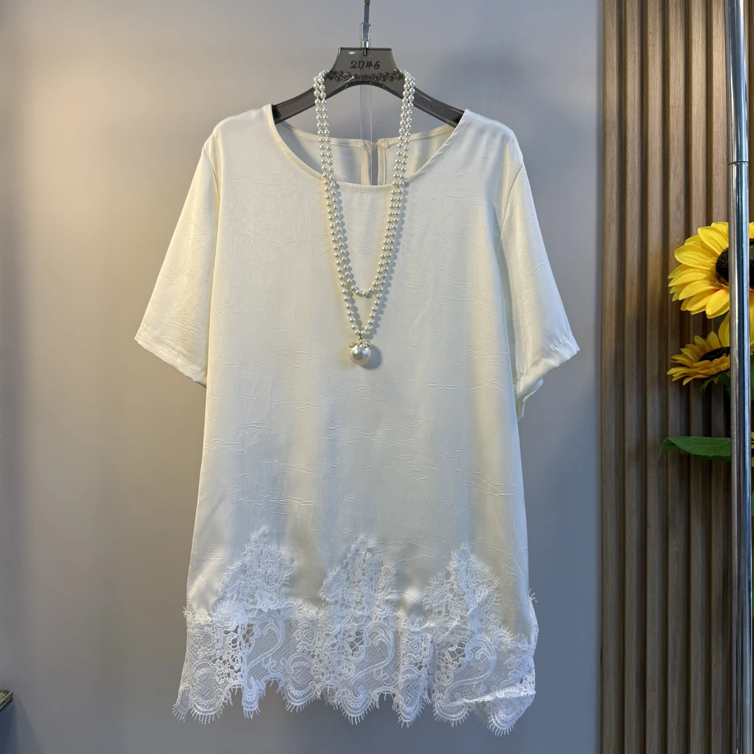 法式高级感气质蕾丝拼接短袖T恤女2025夏季新款宽松显瘦百搭上衣