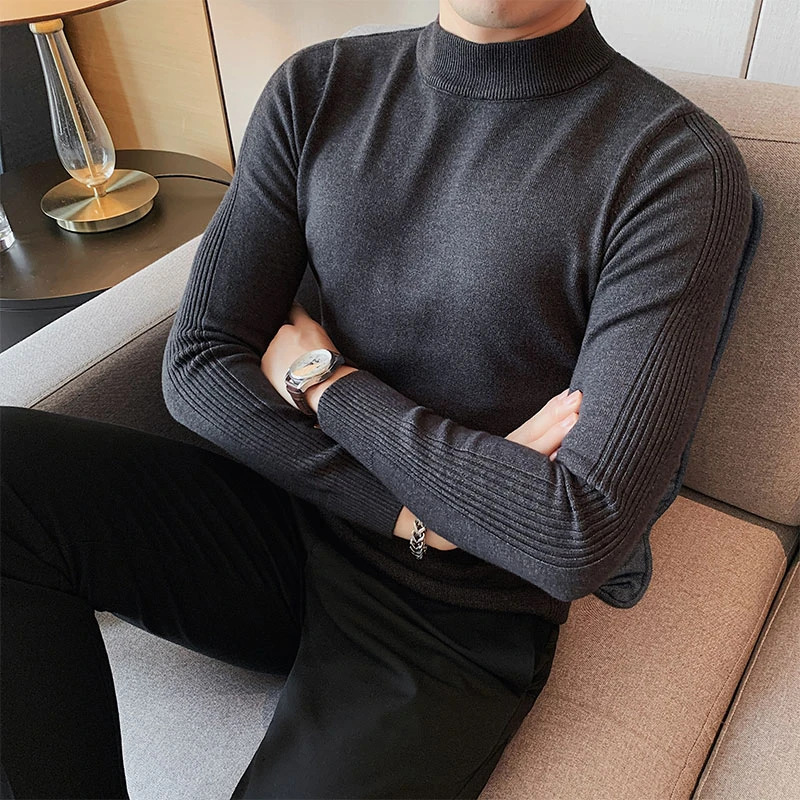 半高领针织条纹毛衣男款长袖弹力修身纯色百搭高级感时尚打底衫男
