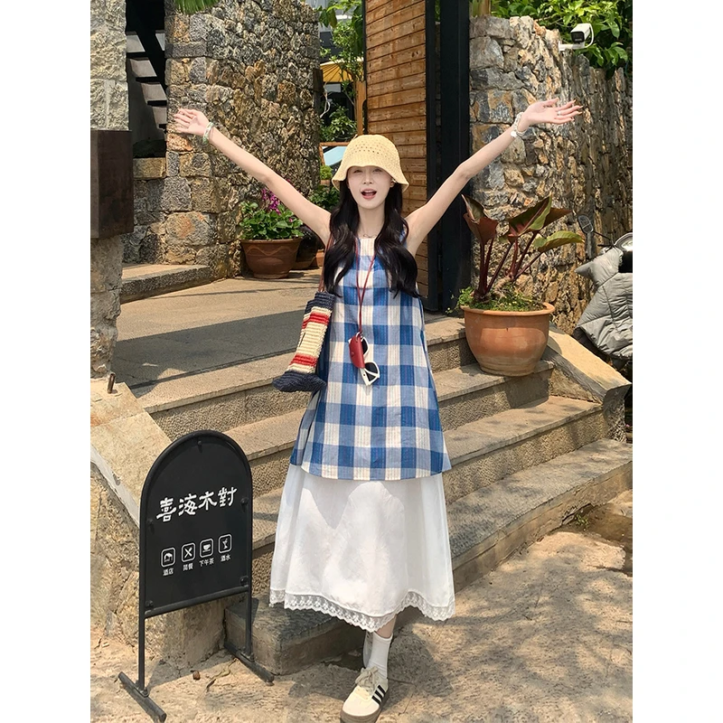 元气少女韩chic简约假两件格子花边连衣裙 10293