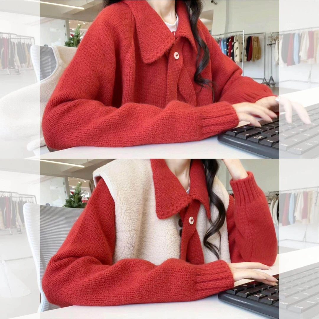 红色翻领软糯针织衫毛衣女冬季加厚圣诞穿搭巨好看的冬装内搭上衣