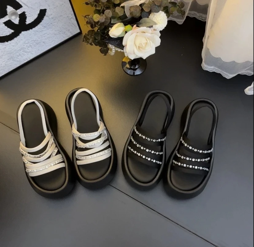 漂亮猫水钻绑带凉鞋厚底小个子百搭舒适外穿女凉拖鞋-M9