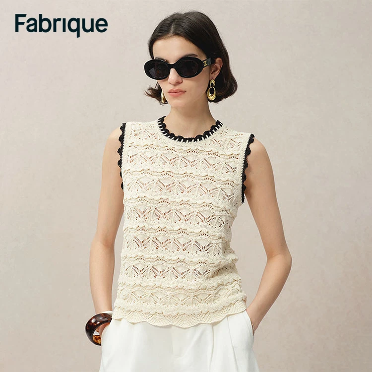 Fabrique Aeath【波嬉风】 春夏新款米杏色棉针织镂空钩针圆领法式