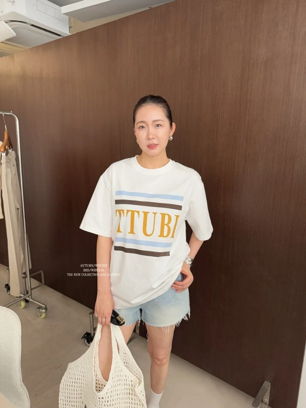 widelia夏季短袖圆领几何印花T恤7351韩系宽松休闲白色字母上衣女