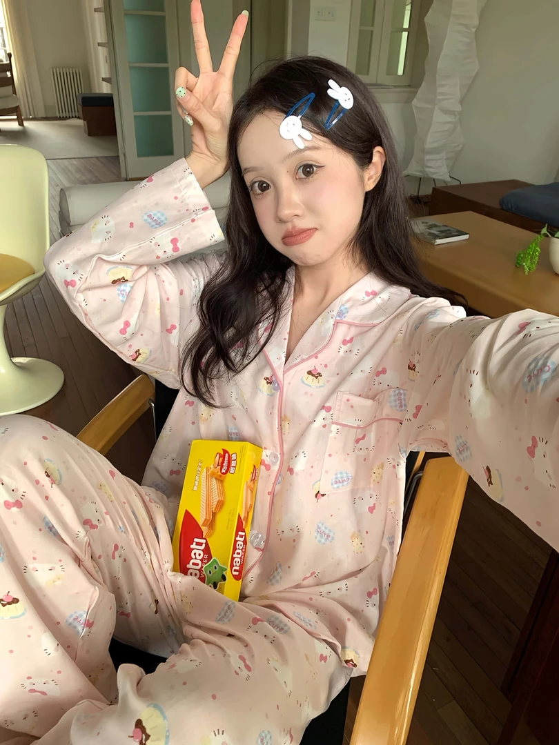 甜美卡通粉色猫咪印花睡衣女秋季薄款舒适透气长袖长裤家居服套装