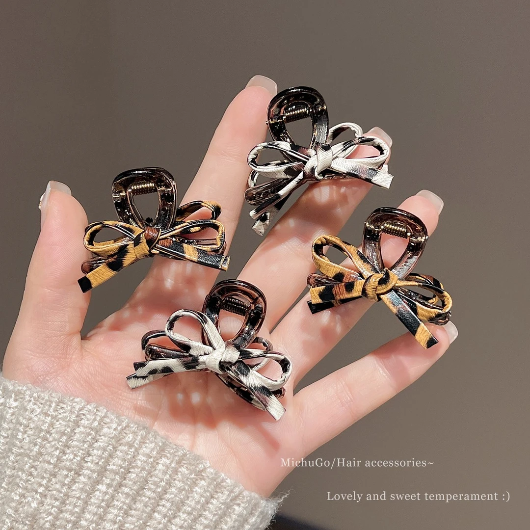 皮质豹纹蝴蝶结小抓夹女2025新款公主头对夹气质发夹日常发卡发饰
