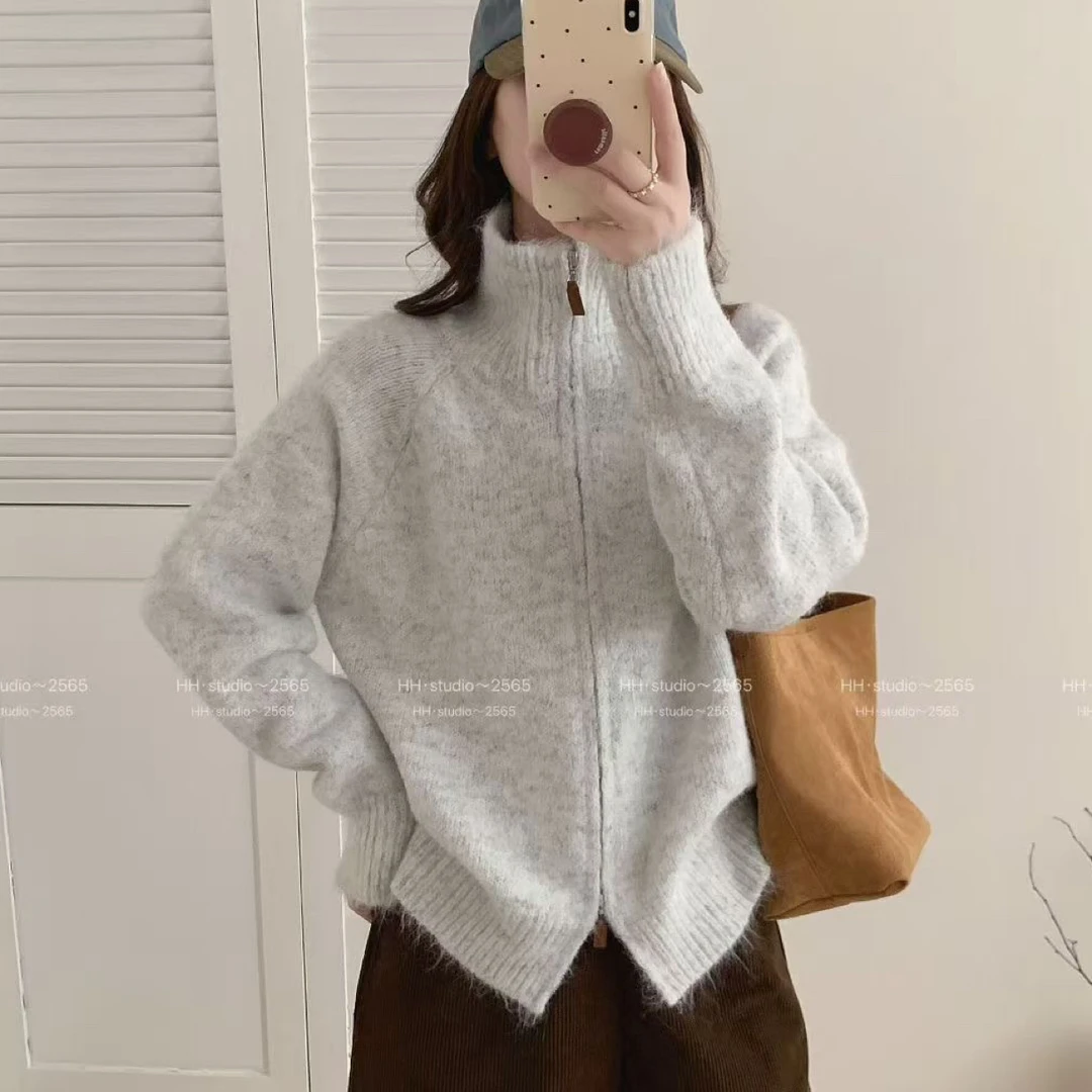 保暖气质毛衣长袖翻领开衫百搭宽松型针织毛针织衫
