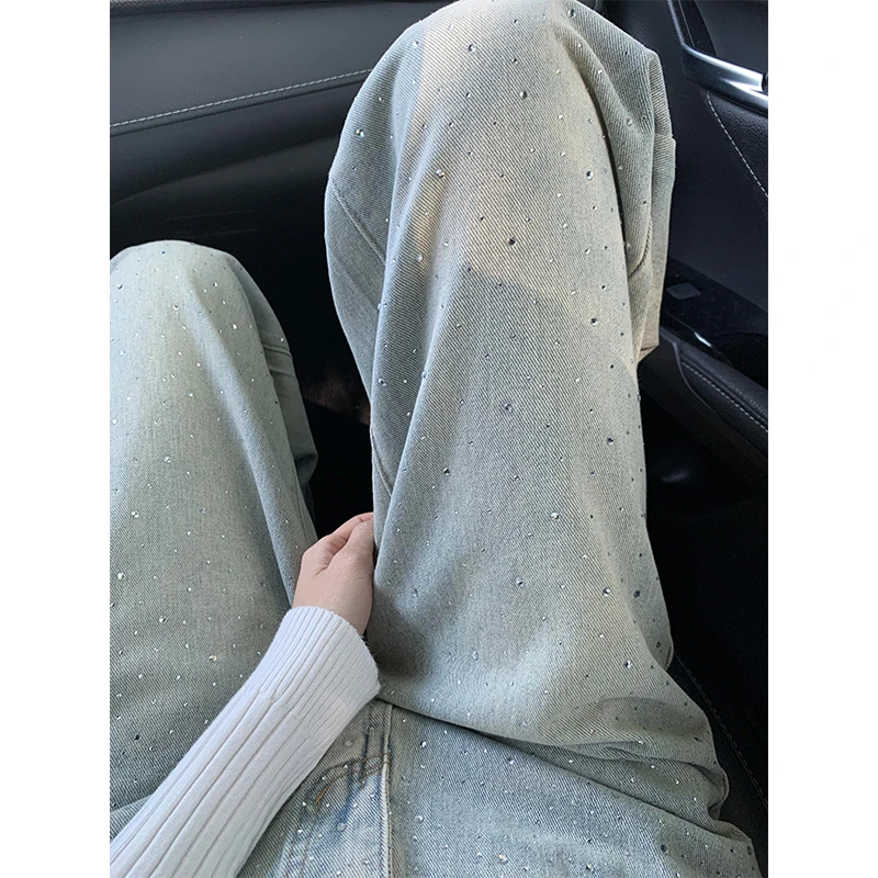 烫钻窄版阔腿牛仔裤女春季新款高腰宽松显瘦百搭垂感直筒拖地裤子