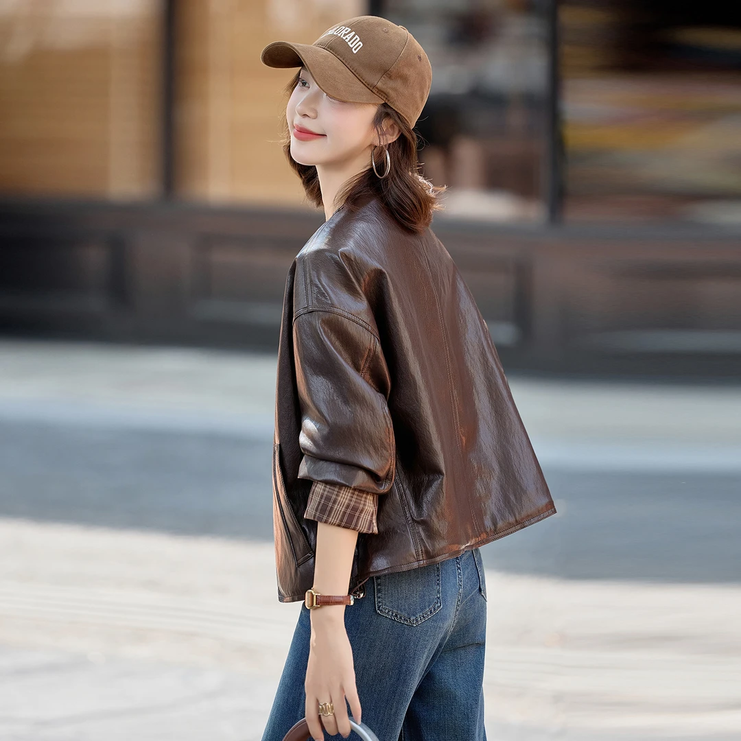 时尚皮衣短款外套女2025春秋新款宽松休闲气质洋气显瘦立领皮夹克