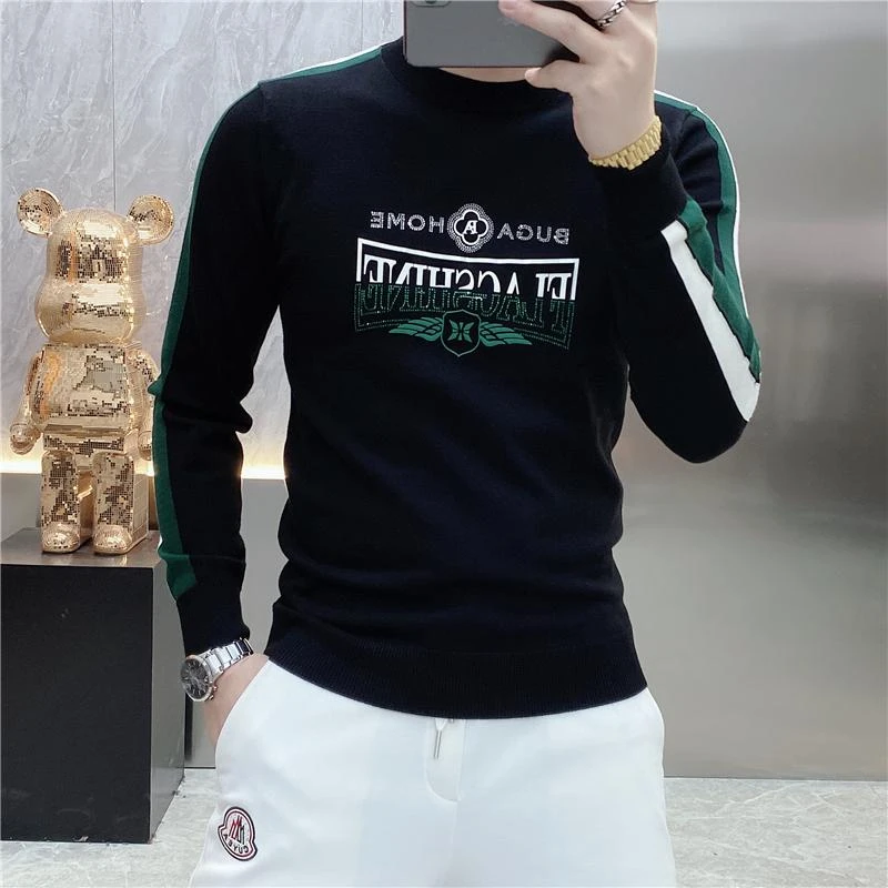2025男秋冬新款个性潮牌提花烫钻圆领毛衣修身潮流帅气长袖针织衫