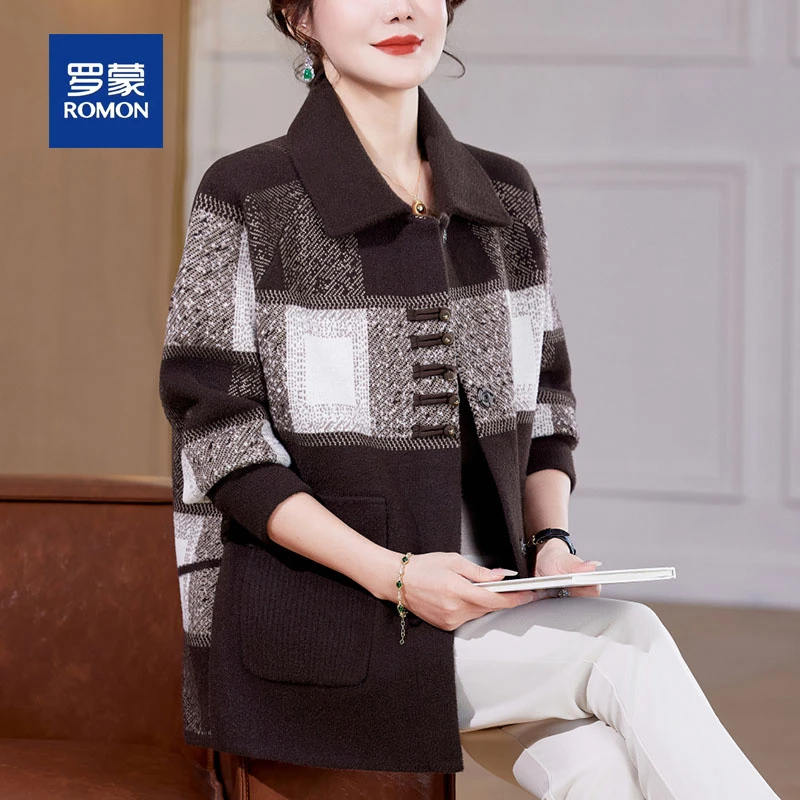 罗蒙气质格子妈妈春秋装短款毛呢外套女新款时尚针织高档中年上衣