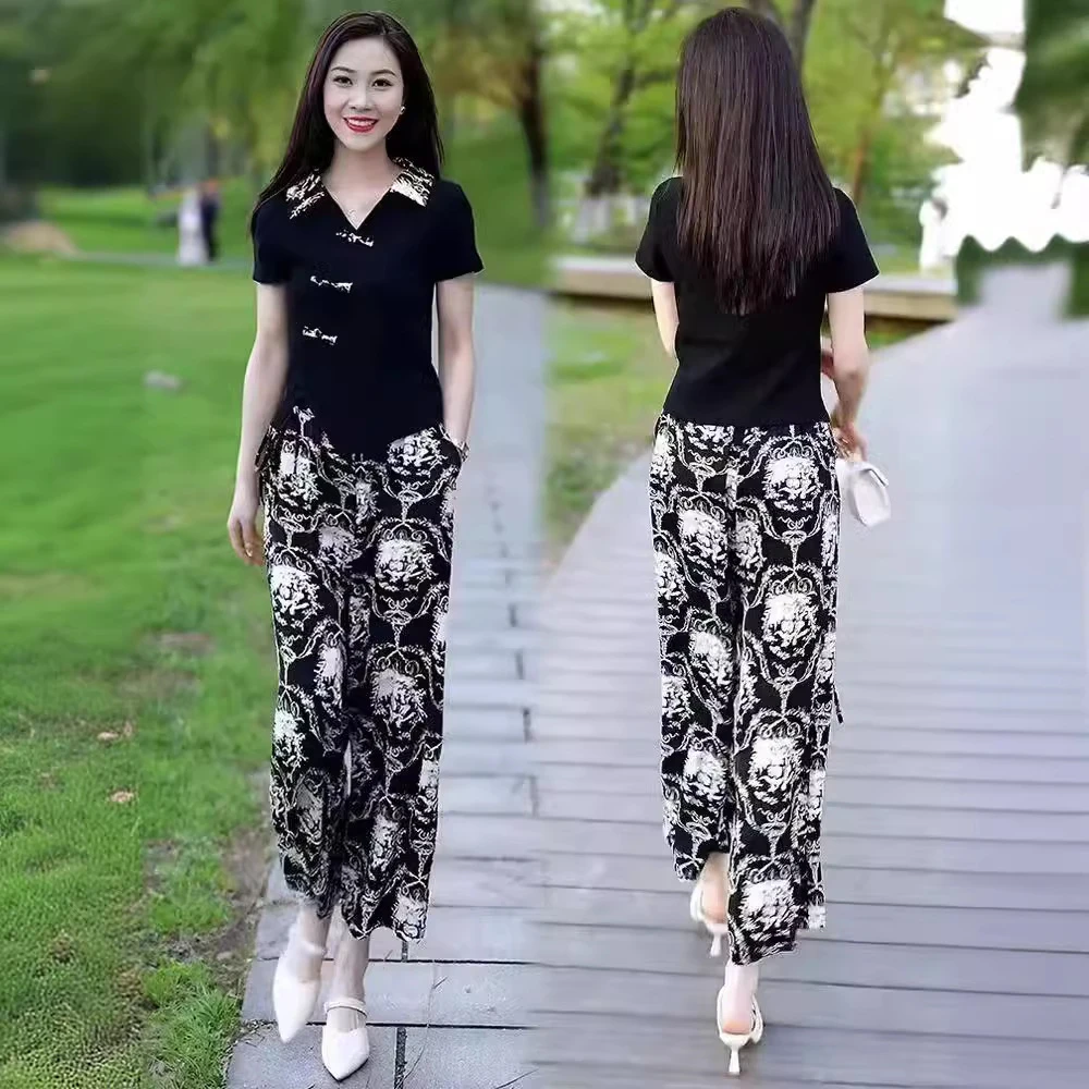 新中式夏季套装中国风盘扣POLO短袖上衣阔腿九分裤时尚气质两件套