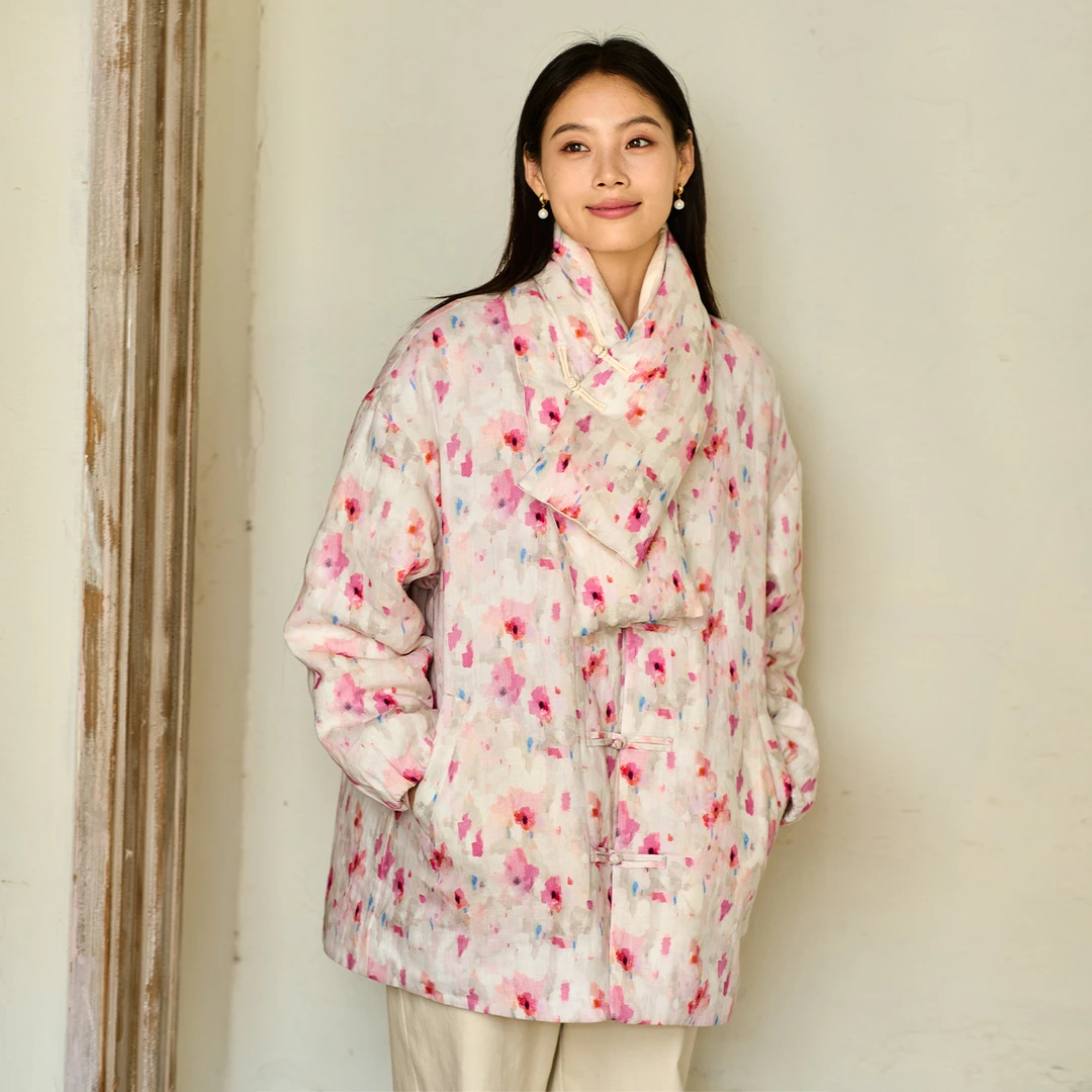 无色无味【玫瑰诗行】亚麻印花棉服女设计风宽松大码冬季保暖外套