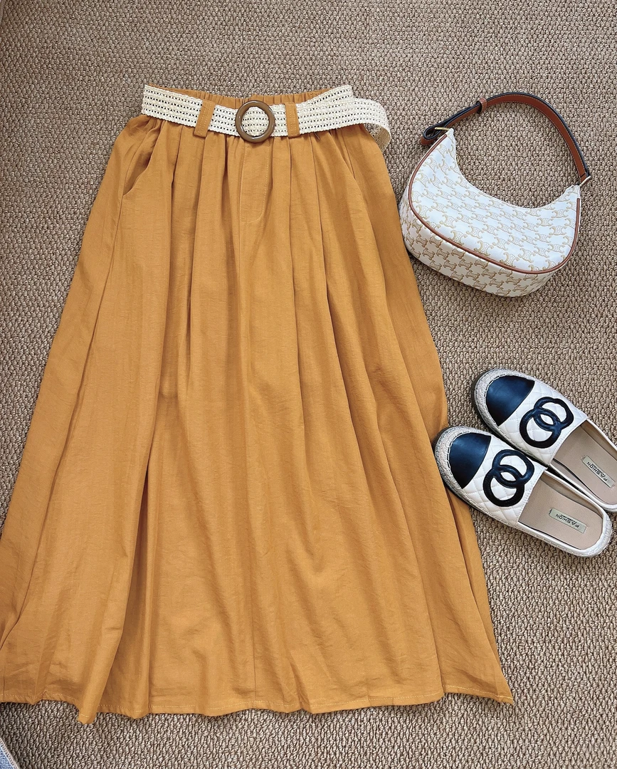 悠悠~【棉麻之夏】夏季高腰显瘦百搭半身裙纯色松紧腰简约A字伞裙~