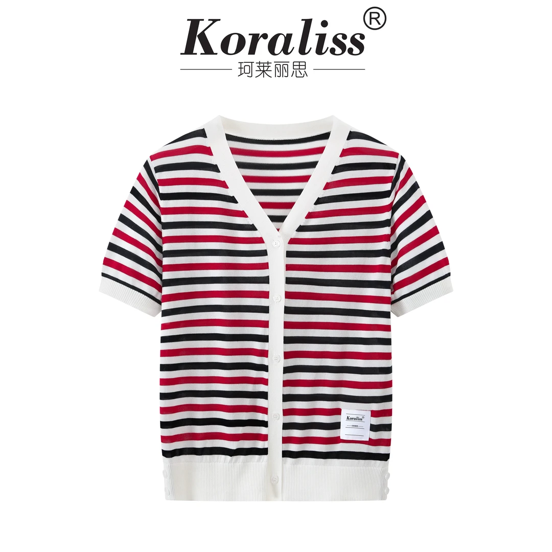 春夏重工时尚年轻新款针织双纽扣开衫短袖5699A