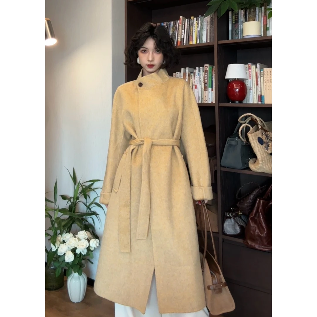 【晴嵛】苏力羊驼气质一粒扣连肩袖静奢立领宽松双面羊毛大衣006