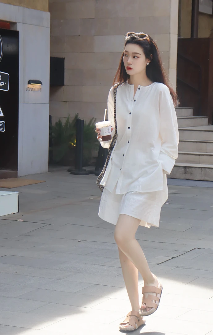 法式老钱风松弛感亚麻白色圆领衬衫夏季宽松气质上衣短裤套装