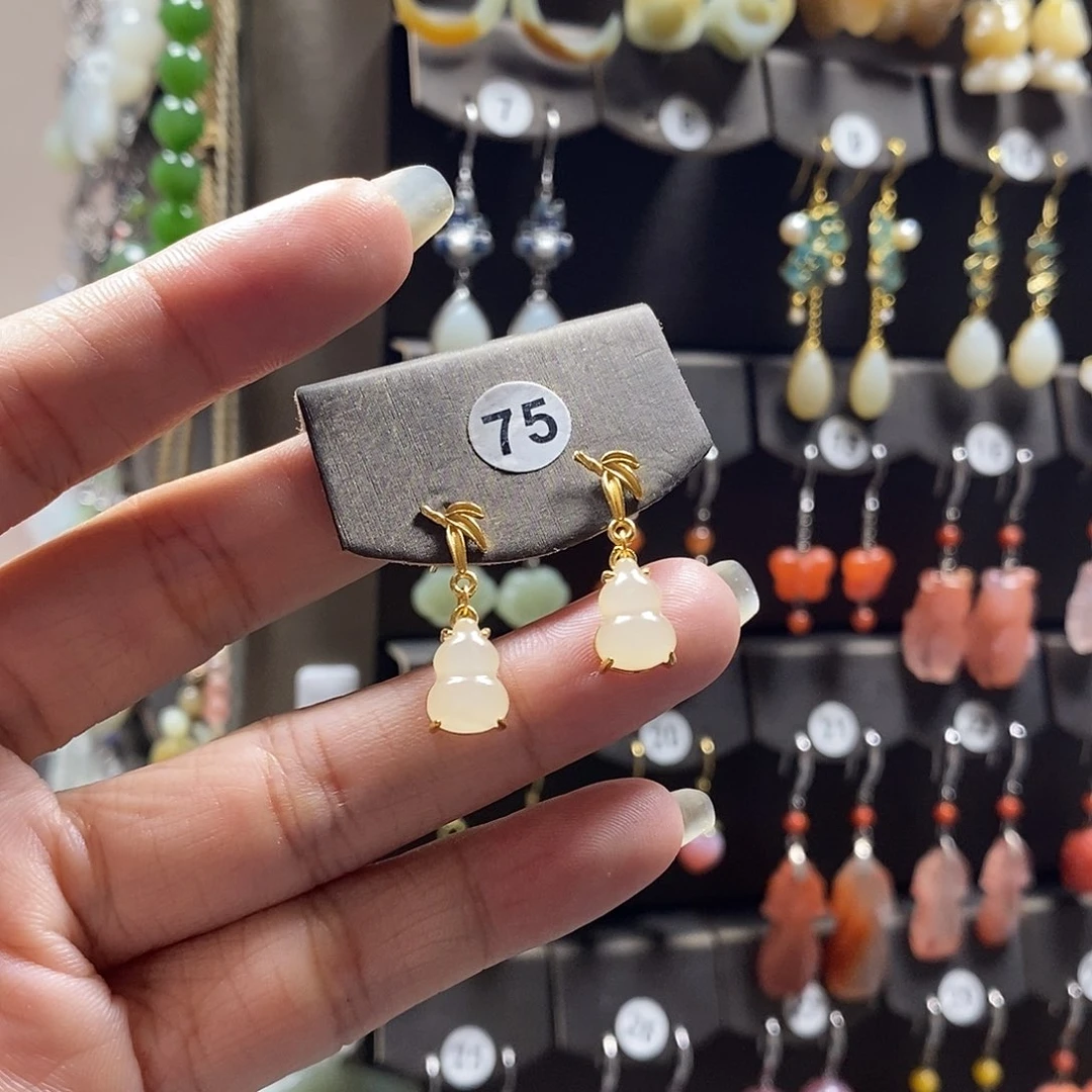 和田玉银S925镀金镶嵌耳饰