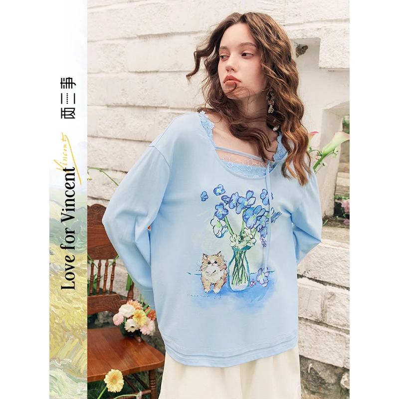 两三事梵高文艺花遇小咪 圆领印花两件套t恤S25XT092