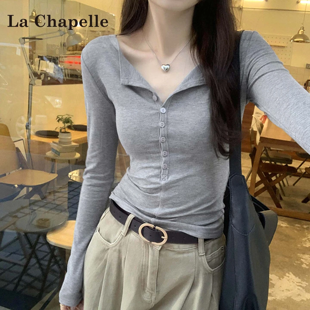 拉夏贝尔修身翻领长袖t恤女2025秋季新款纯欲辣妹别致打底衫上衣