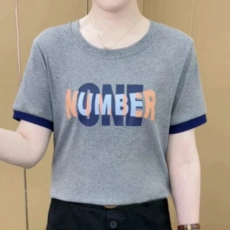 夏季新款圆领拼色短袖t恤女宽松遮肉大码印花打底衫洋气妈妈上衣