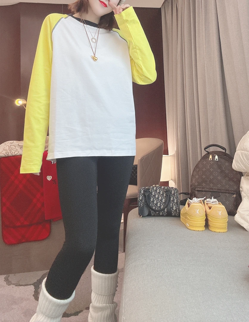 雪姐服饰「纸片人长袖」大版百搭圆领卫衣拼色宽松休闲长袖T恤