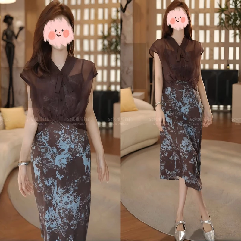 （运费补贴）2025夏季新款法式高级感水墨印花吊带连衣裙衬衫两件