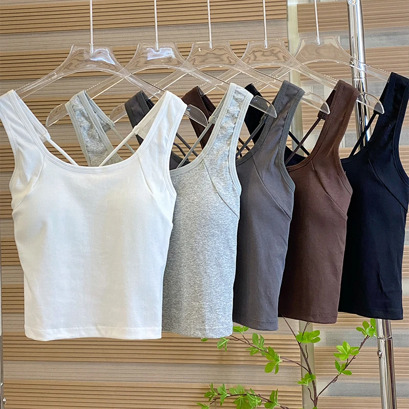 韩版交叉美背吊带背心女带胸垫一体文胸内衣纯欲外穿打底抹胸上衣