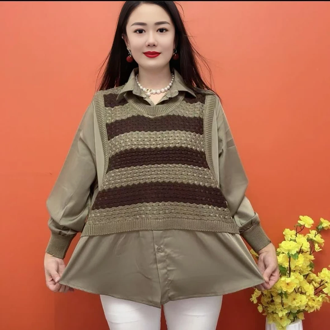 新款拼接衬衫春秋假两件针织衫减龄时尚洋气条纹宽松毛衣上衣