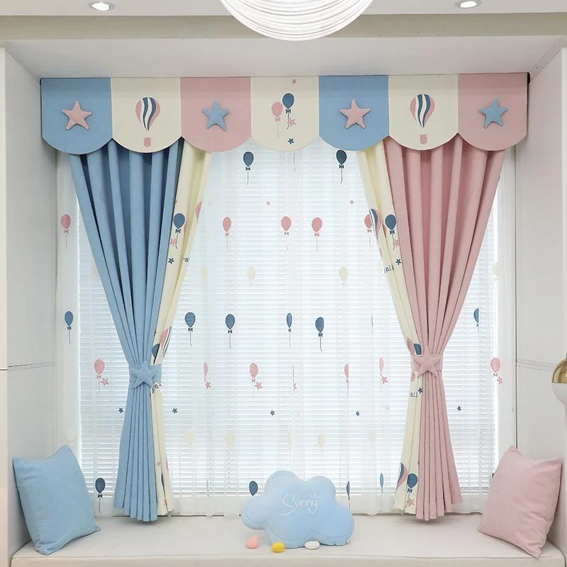 新款粉紫色卡通儿童房窗帘女孩卧室飘窗公主房间门帘自粘窗帘纱帘