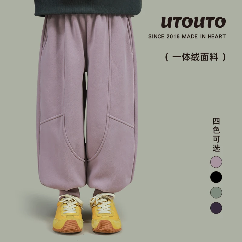 utouto大耳象女童收口加绒运动裤2025冬季新款厚休闲裤2410662