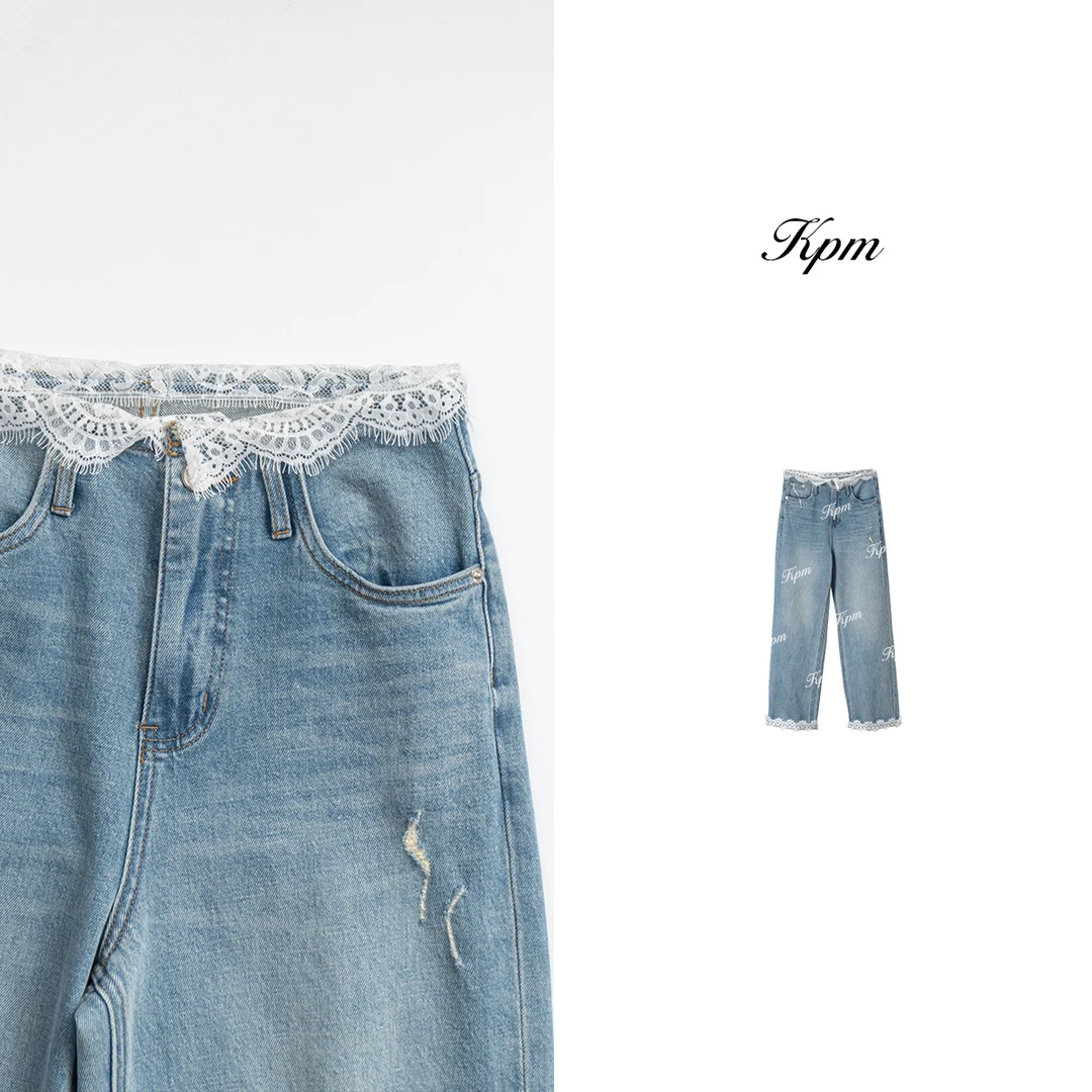 2025早春新款个性气质中高腰腰头拼蕾丝修身显瘦直筒牛仔裤JN7052