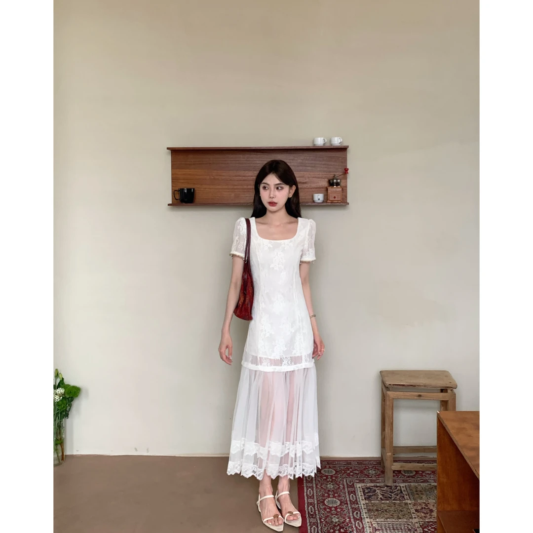 赵小小【循环心动】夏季慵懒纯欲风拼接网纱设计感气质连衣裙26623