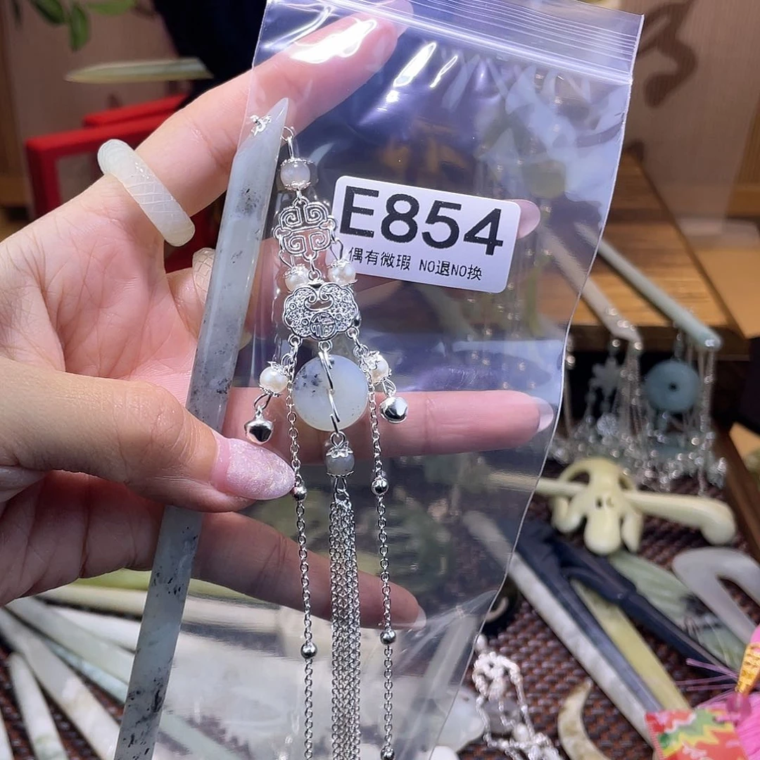 蛇纹石玉发饰银S925镀金镶嵌陌**开