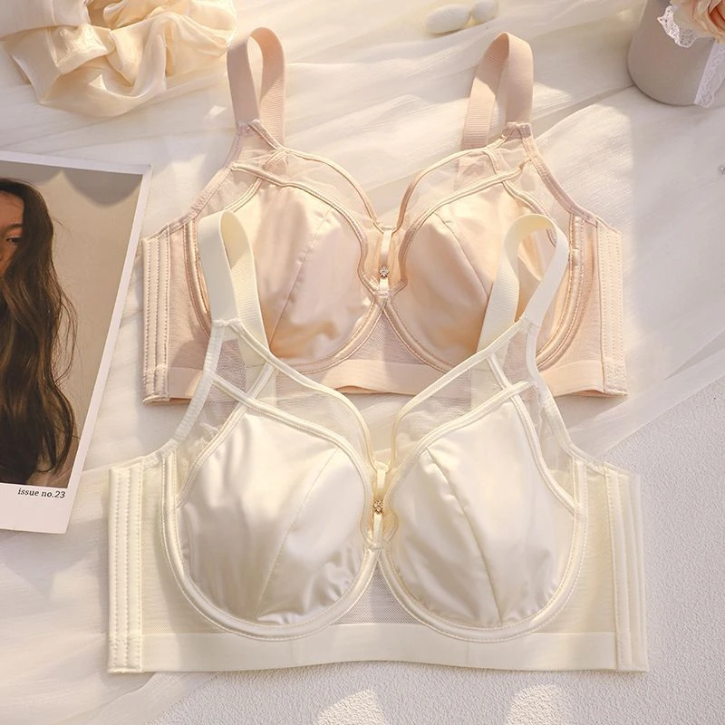 无痕缎面内衣女大胸显小显瘦薄款收副乳防下垂调整型软钢圈文胸罩