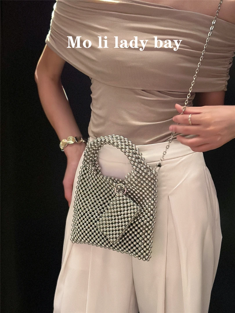 2025高级金属感银珠子手工串珠简约子母包链条包包斜挎手提包女