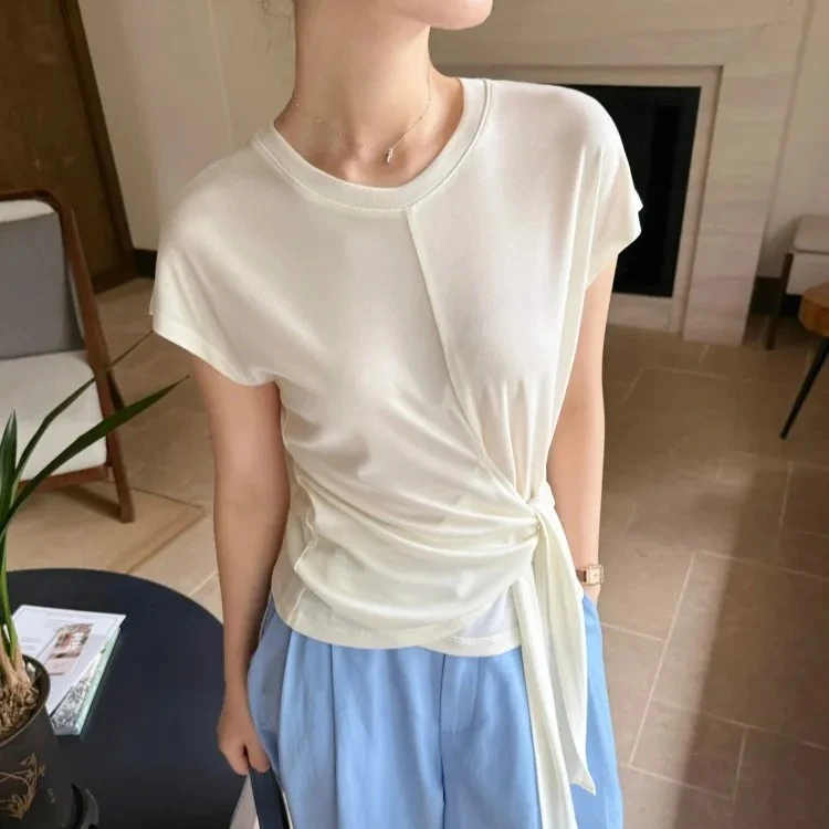 不规则绑带冰丝短袖t恤女2025新款爆款夏季时尚洋气薄款针织上衣