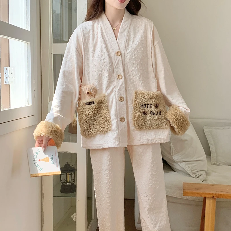 秋冬季加厚产后喂奶哺乳海岛绒月子服孕妇睡衣保暖怀孕期待产冬天
