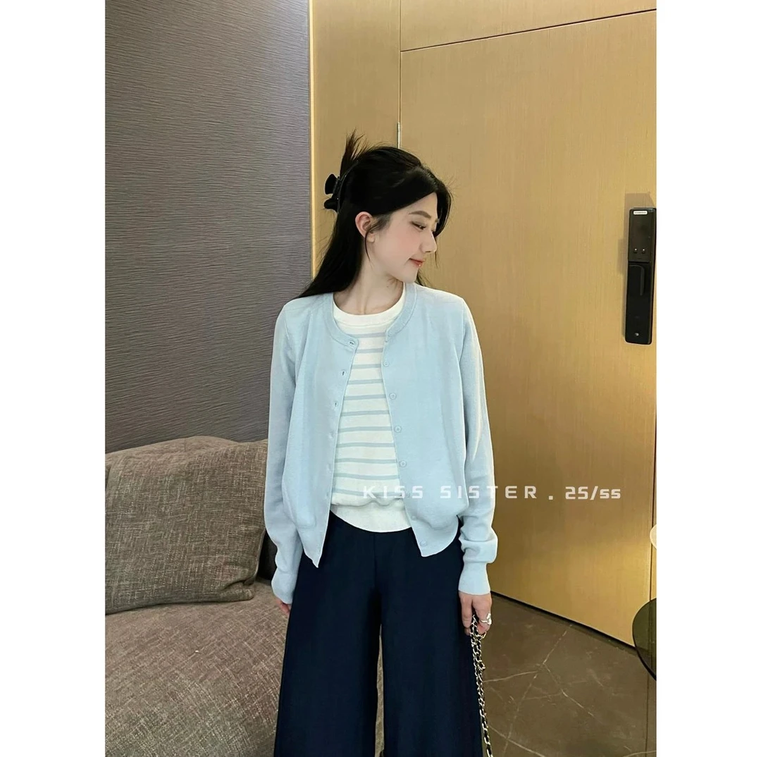 2025春季新款小清新气质时尚休闲条纹撞色假两件针织上衣