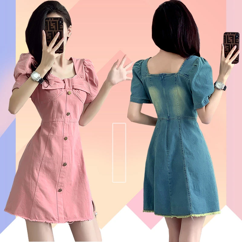 小个子仔连衣裙女夏季新款短袖泡泡袖修身蝴蝶结中长款字短裙