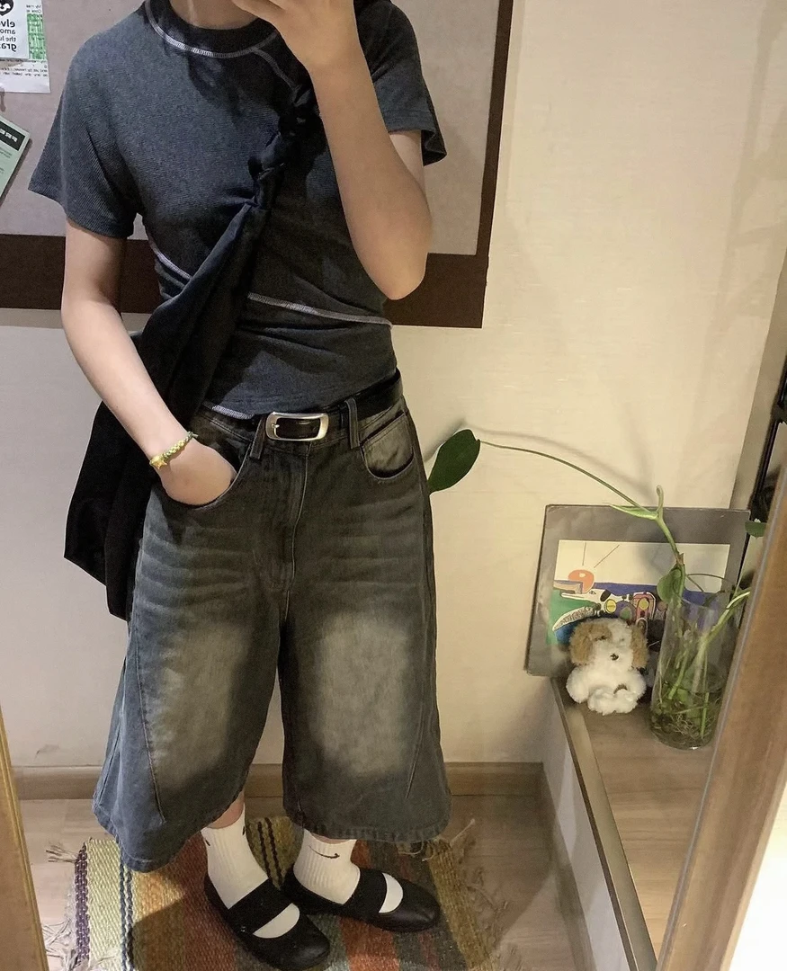 【叁伍】美式拼接水洗牛仔七分裤 th25291