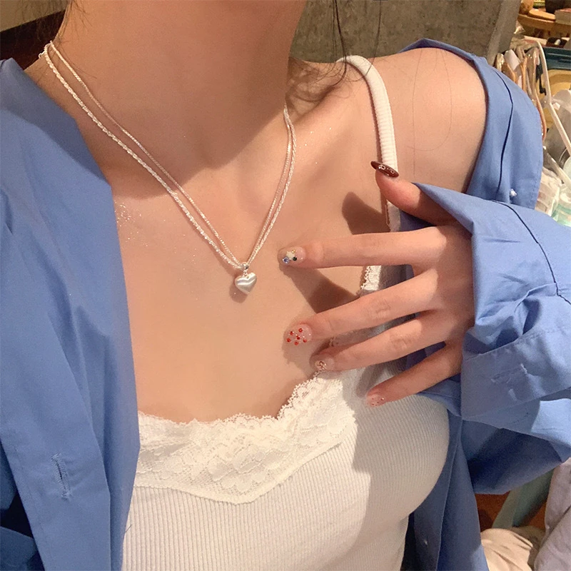 奢卡丹 合金吊坠 磨砂拉丝爱心双层项链女轻奢简约立体爱心吊坠锁