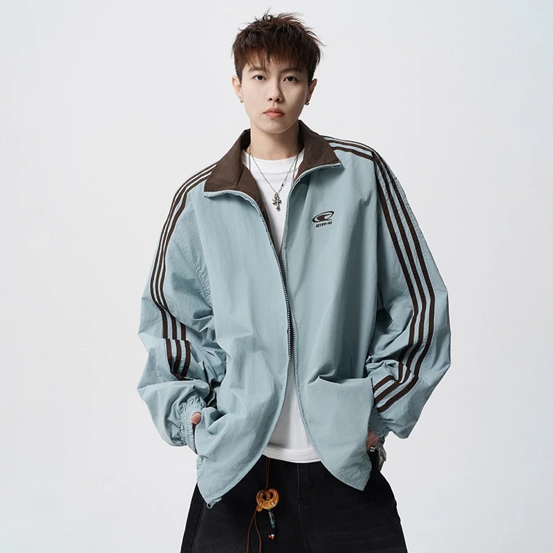 双面穿条纹运动夹克男秋季美式学院风撞色开衫外套潮牌宽松棒球服