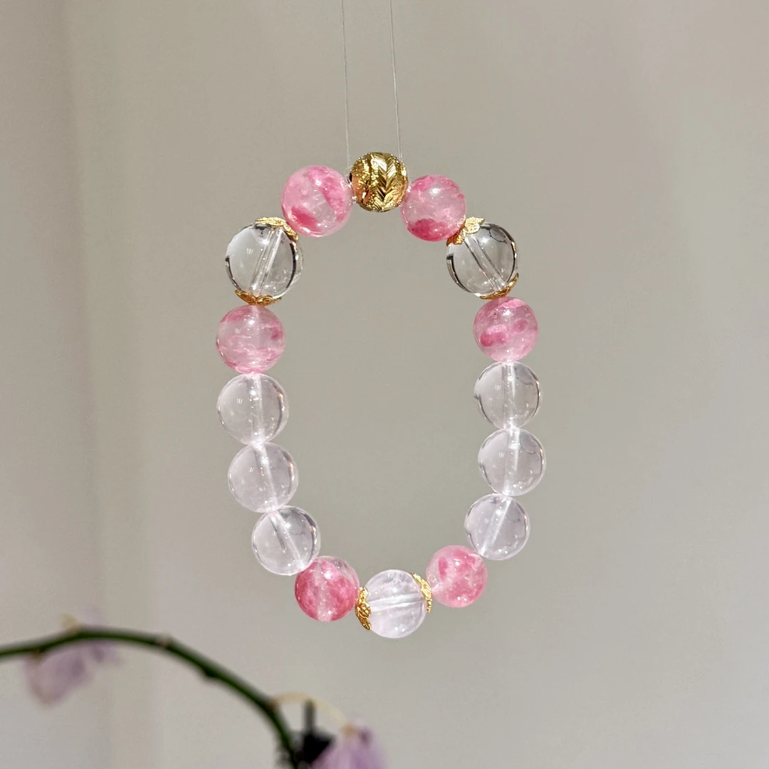 静月 11-13mm 天然白水晶蔷薇辉石粉水晶单圈手串